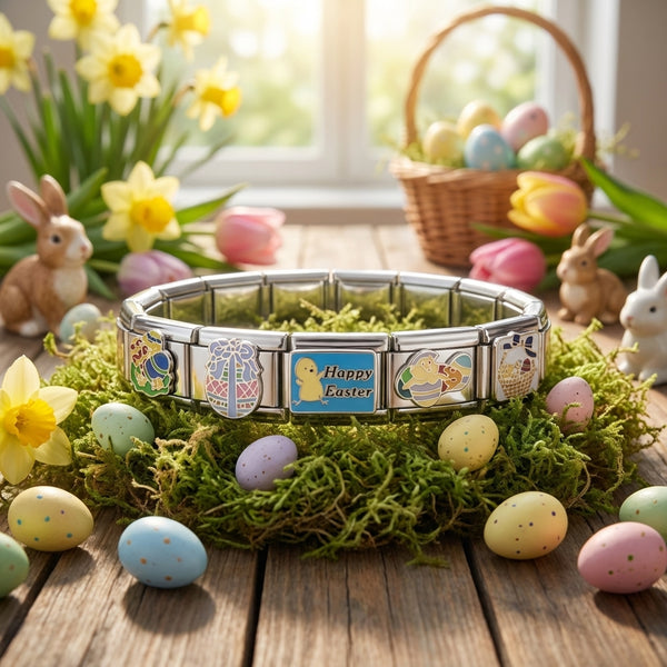 Assortment of 9mm Italian charms with Easter designs including chicks, eggs, easter baskets in pastel colors