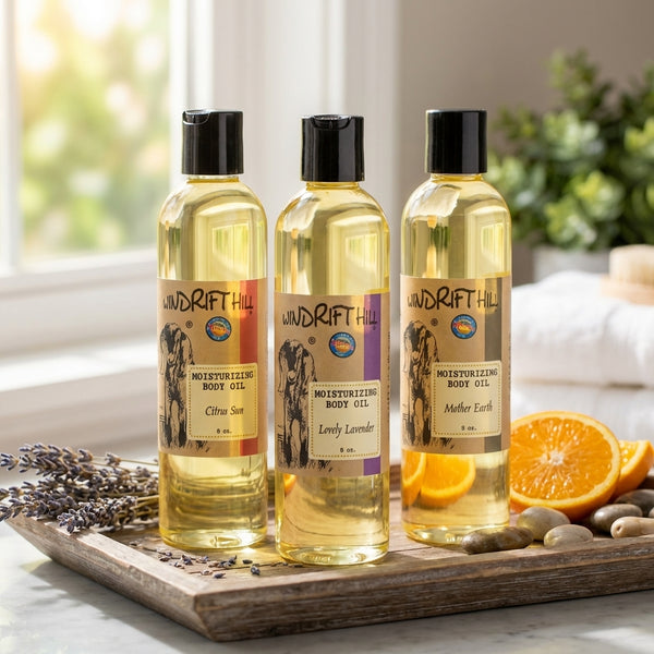 Windrift Hill Moisturizing Bath And Body Oil On Wooden Tray With Lavender And Orange Slices