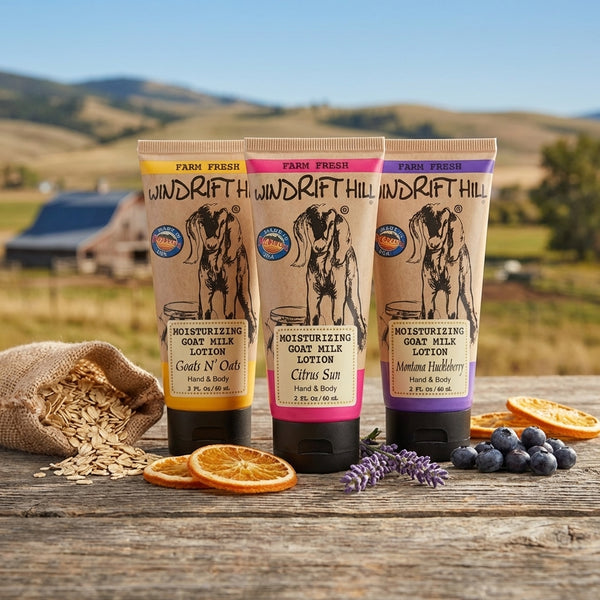 Windrift HIll Goat Milk 2oz Travel Lotion Showing Scents Goats N Oats, Citrus Sun, Montana Huckleberry