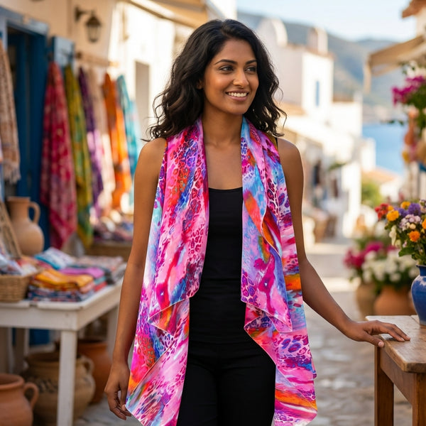 Lavello Chiffon Vest In Water Color Animal Print On Woman In Market