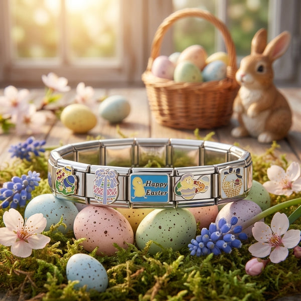 Assorted Easter-themed 9mm Italian charms featuring baby chicks, easter basket, and decorated eggs