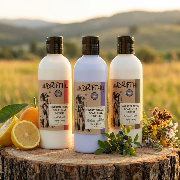 Windrift Hill Goat Milk Lotion Showing Scent Options Citrus Sun Montana Huckleberry And Mother Earth