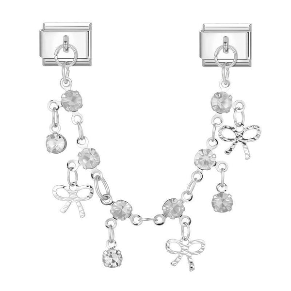 Silver bow knot and crystal charm 9mm Italian charm bracelet connector on white background
