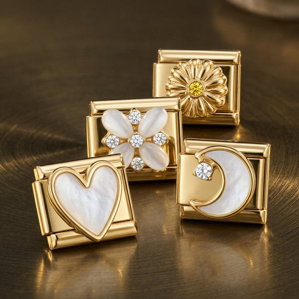 Gold assortment of 9mm Italian charms with heart, flower, and moon designs in enamel and crystals