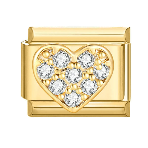 Gold 9mm Italian charm with a heart design and embedded crystals on a white background
