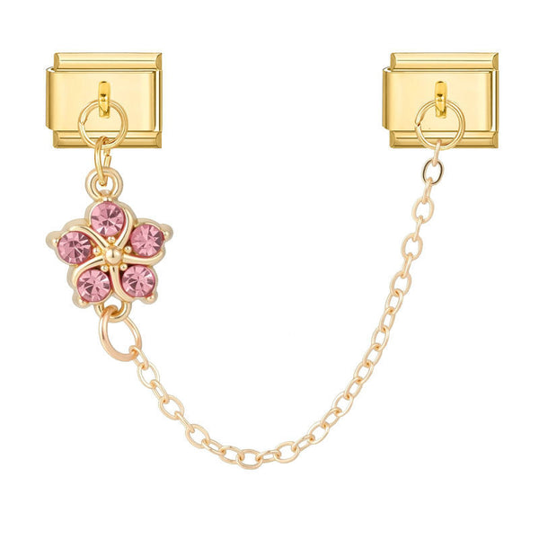 9mm Italian Charm accent chain with pink crystal flower in gold. 