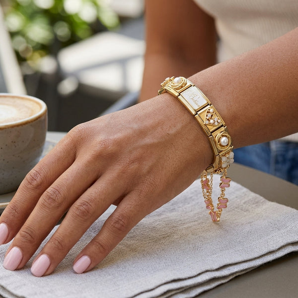 Gold 9mm Italian charm bracelet with pink butterfly accent chain