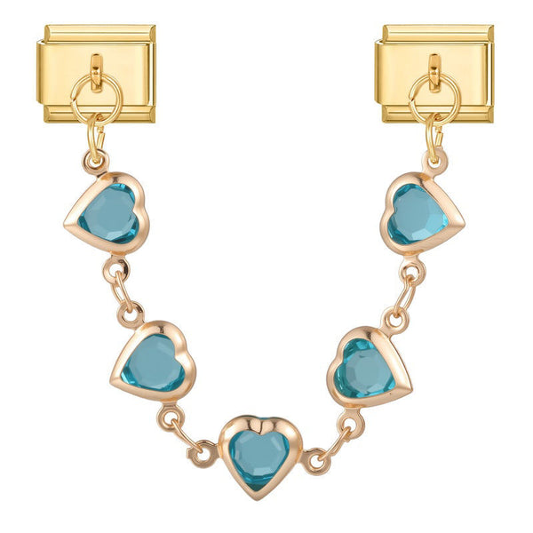 9mm Italian charm gold double link connector with aqua crystal heart chain