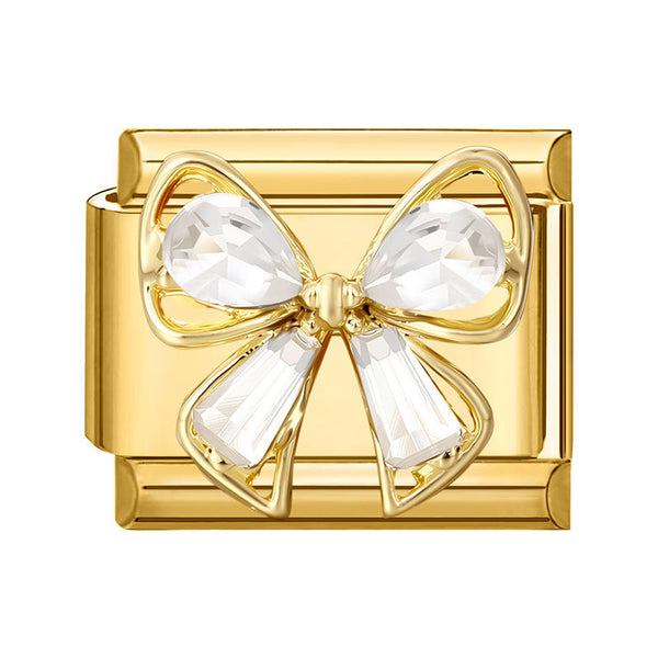 Gold 9mm Italian charm with teardrop and baguette crystal bow design on a white background