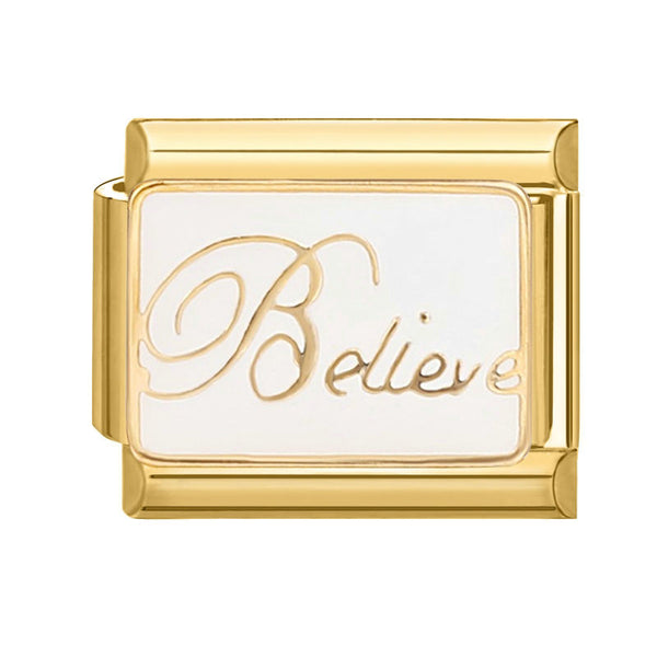 Gold and white 'Believe' 9mm Italian charm