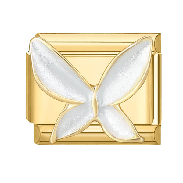 Gold and white butterfly-shaped 9mm Italian charm on a white background