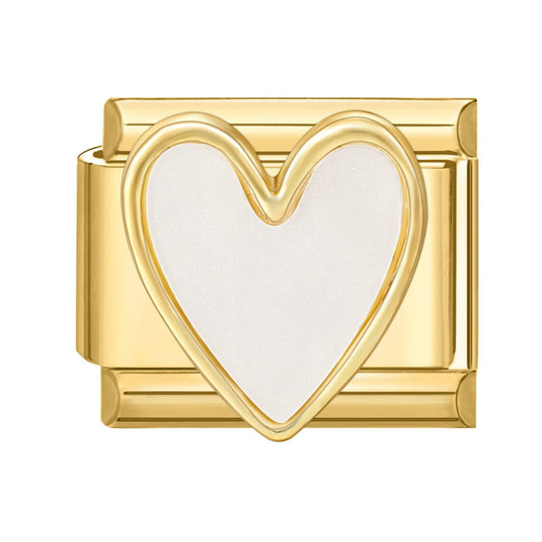 Gold 9mm Italian charm with a heart-shaped white center on a white background