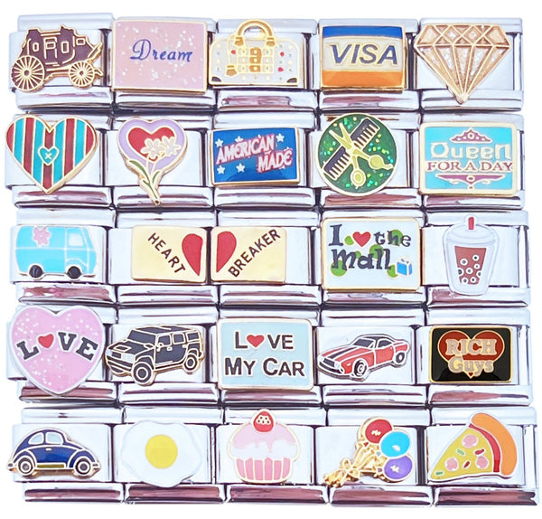  9mm Italian Charms- 35 Different options Includes words, Shopping,  I Love Rich Guys, Muscle Cars, celebrations, food And More.