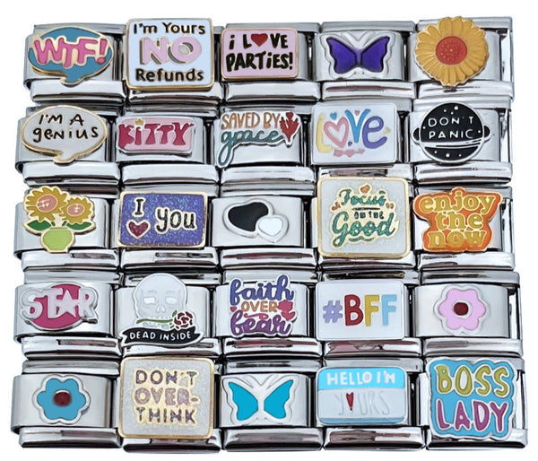 9mm Italian Charms Assorted Sassy Words And Sayings Flowers And Butterflies