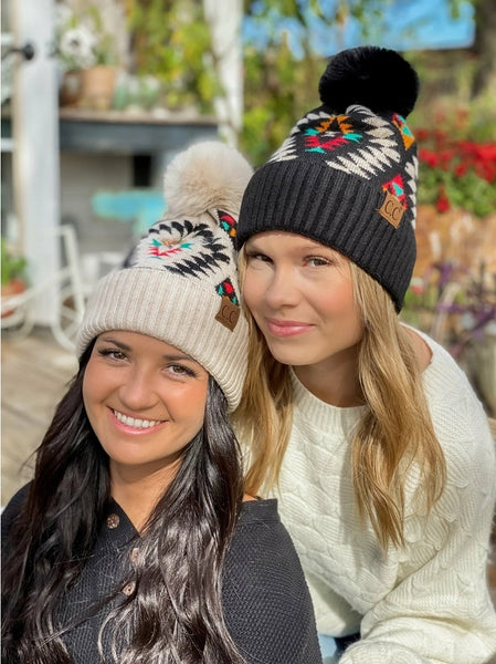 C.C Beanie Aztec Patterned With Faux Fur Pom Hat