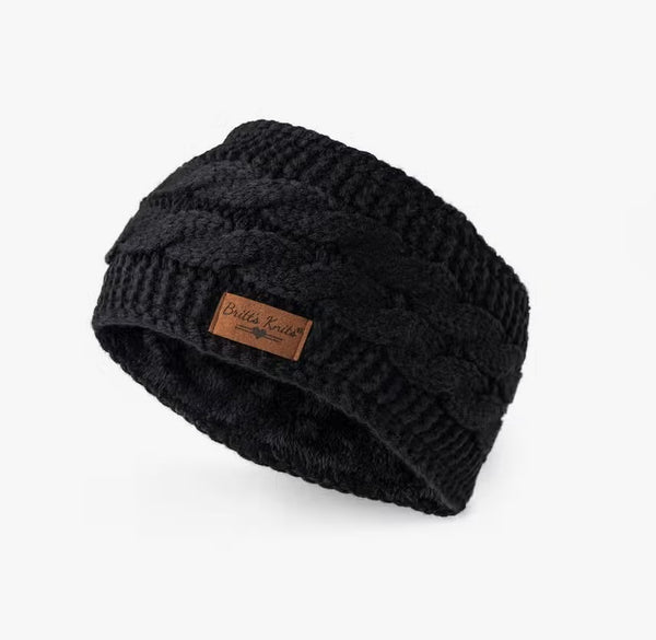 Black cable knit plush-lined headwarmer ear warmer for cold weather
