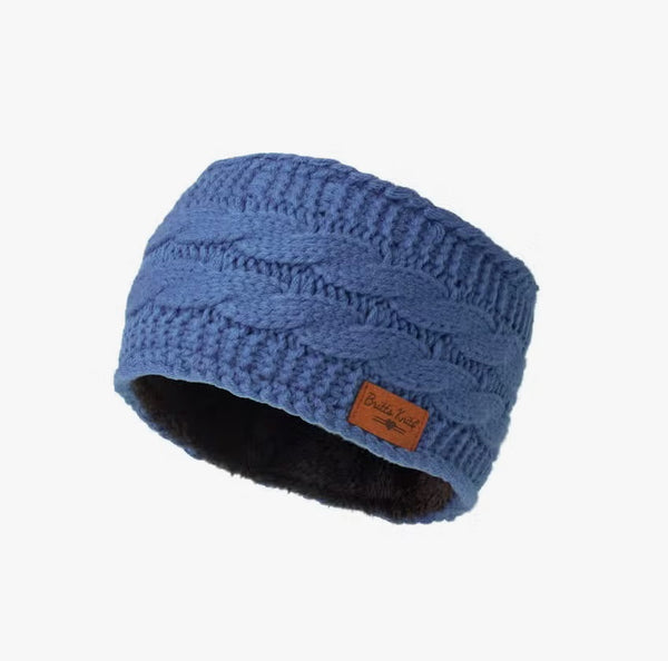 Blue cable knit headwarmer with soft plush lining for winter warmth
