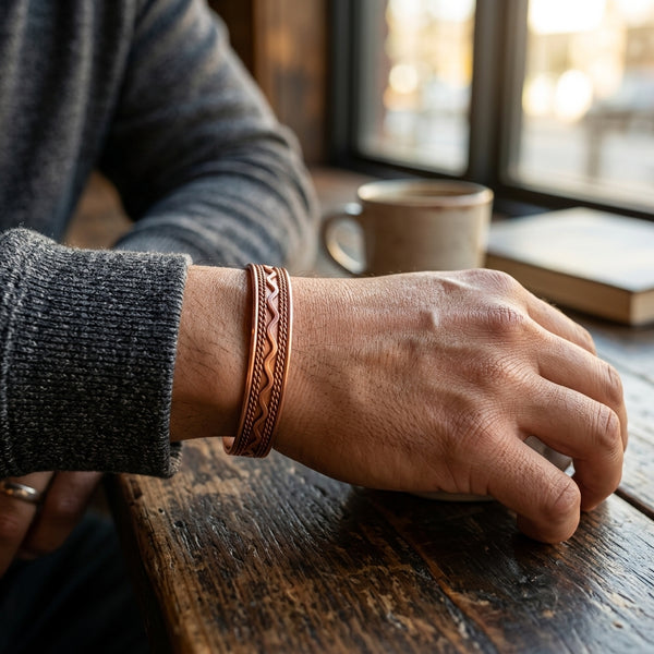 Genuine copper bracelet on mans wrist 