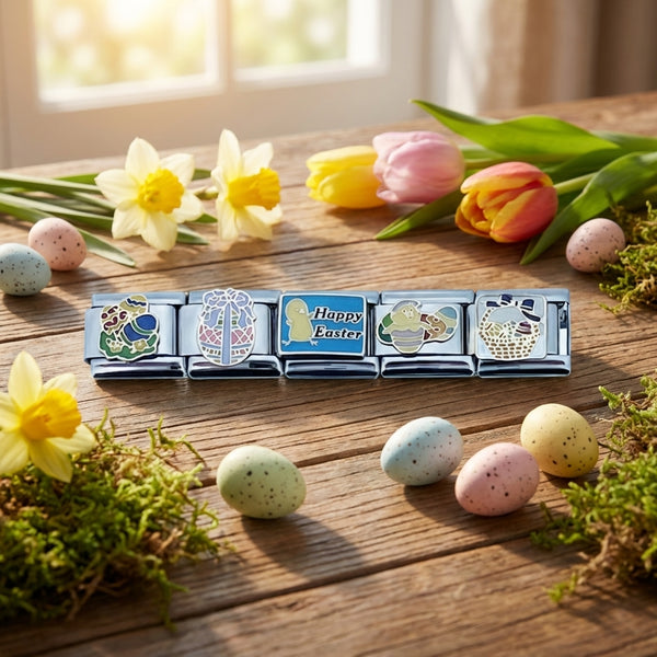 Easter Theme 9mm Italian Charms With Pastel Eggs, Wicker basket and baby chicks