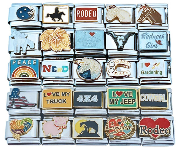 Stainless steel 9mm Italian charms featuring cowboy and cowgirl designs featuring horses, boots, unicorn, gardening, farm animals and western themes