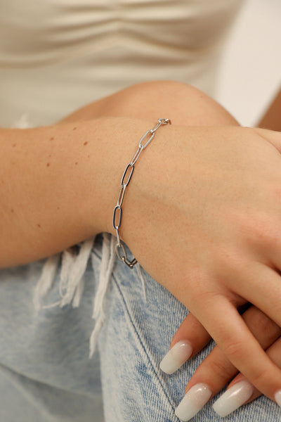 The Viral Paperclip Bracelet In Silver On Models Wrist