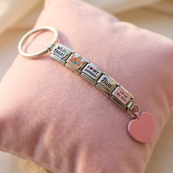 Keychain With Pink Accent Heart And 9mm Italian Charms that say wild child i love my boyfriend diva and i love my girls