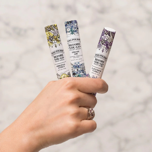 3 poo Pourri travel size toilet sprays in Original citrus, fresh air and lavender vanilla scents