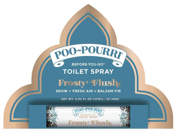Packaging for Poo-Pourri Frosty Flush toilet spray with a holiday travel size design, featuring snowflakes and balsam fir on a blue background.