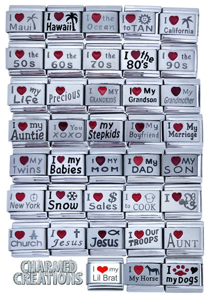 Red Heart Laser Etched I Love Theme 9mm Italian Charms