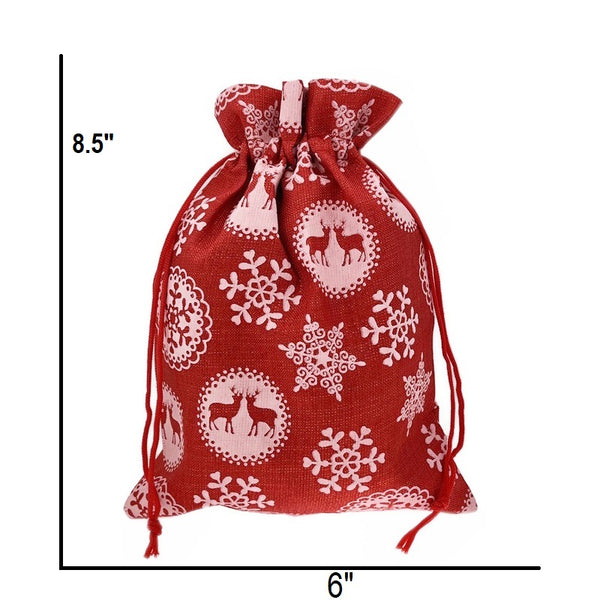 Red Snowflake And Reindeer Christmas Drawstring Gift Bag