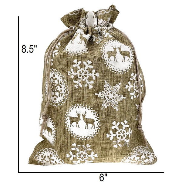 Gold Snowflake And Reindeer Christmas Drawstring Gift Bag