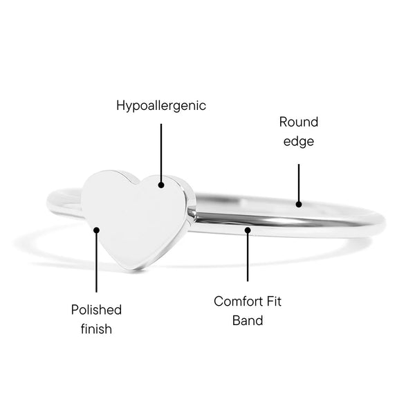 Silver Ring With Heart Showing Detaild Product Features Comfort Fit Band, Hypoallergenic, Polished Finish