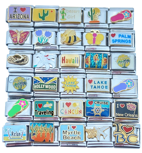 9mm Italian Charm Travel Collection. Destinations such as Palm Springs, Hawaii, Hollywood, California, Florida, Lake Tahoe, Cancun, New Orleans, Myrtle Beach, BC. Create your own travel memory bracelet with these cute charms. 
