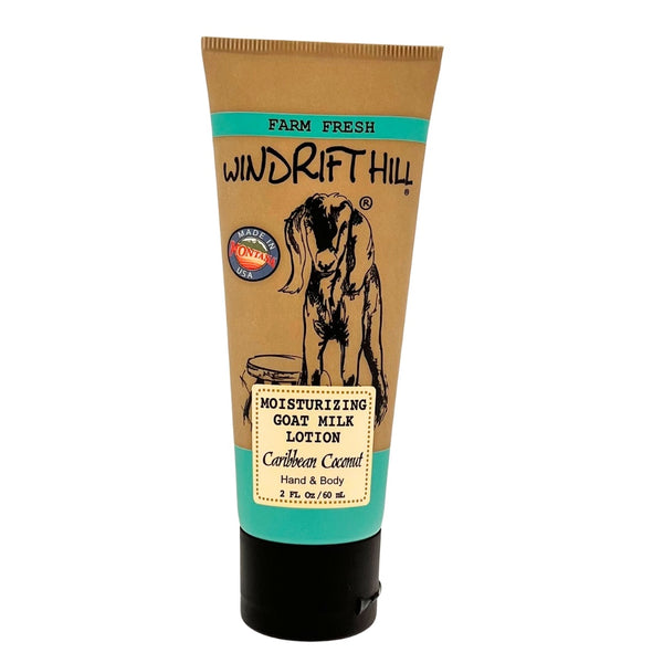 Handmade moisturizing goat milk lotion Caribbean Coconut scent 2oz TSA-approved travel tube
