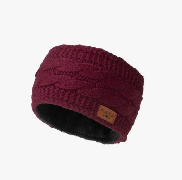 Wine burgundy cable knit headwarmer with plush fleece lining and faux suede patch
