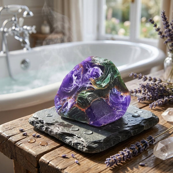 Azurite Malachite Soap Rock Gemstone On Stone Slab On Wooden Table In Bathroom 