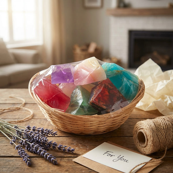 a basket of colorful gemstone soap by T.S. Pink soaprocks