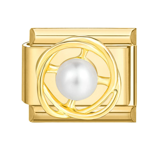 Gold Geometric 9mm Italian Charm With  Gold Rings And Center Pearl