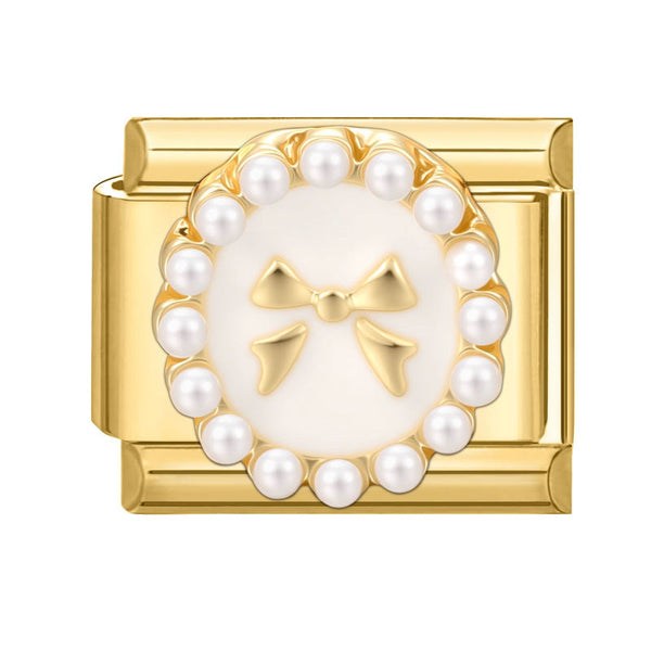 Gold 9mm Italian charm with a gold bow and pearl accent boarder on a white background