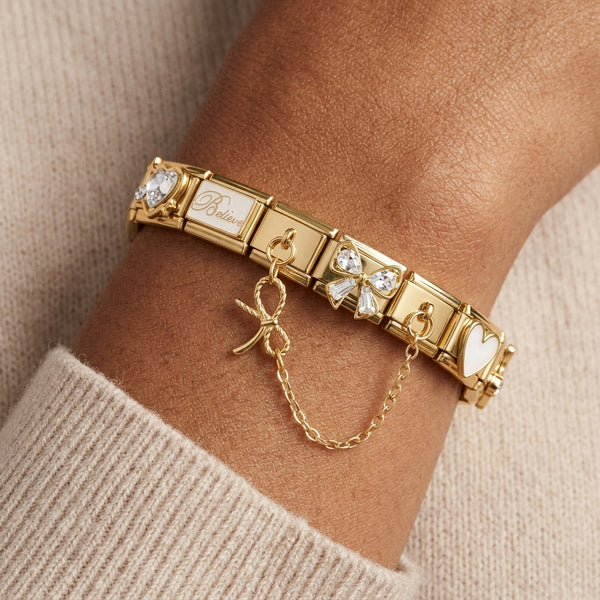 Gold 9mm Italian charm bracelet with crystal bow believe and white heart charms