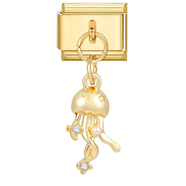 Gold Dangling Jellyfish with Pearl & Crystal 9mm Italian Charm Drop