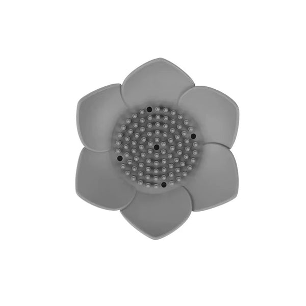 Gray flower shape self-draining silicone soap dish top view