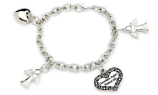 Guardian Angel Bracelet With Angel And Heart Charms In Silver