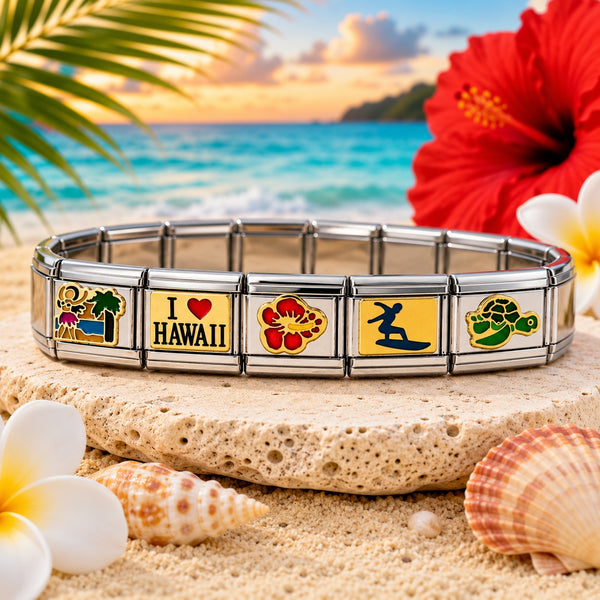 Hawaiian 9mm Italian charm bracelet with red hibiscus flower, I love Hawaii, surfer, sea turtle and hula dancer.