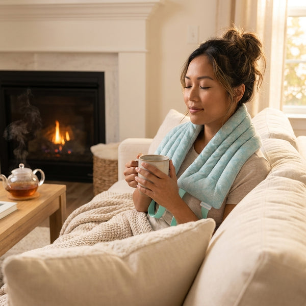 woman sitting on couch with blue heated neck warmer