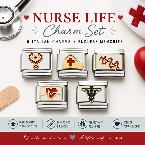 Nurse Life Charm Set featuring five 9mm Italian charm links with medical symbols, displayed on a clean white background with a stethoscope, bandage, and red cross elements.