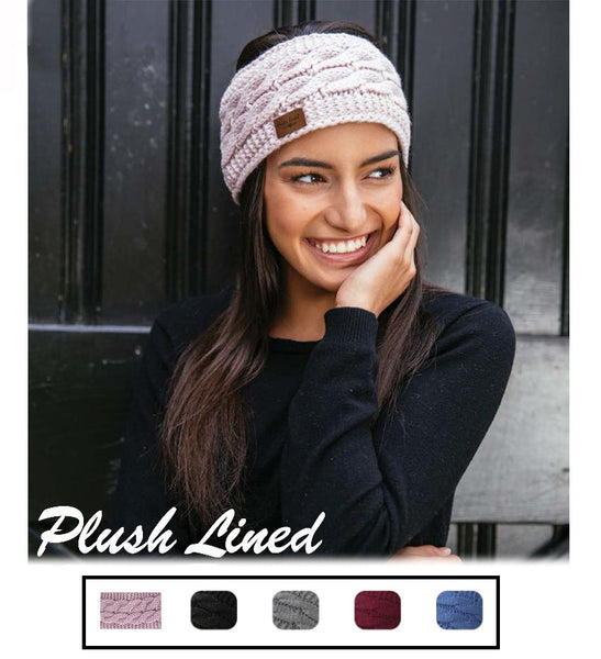 Cable knit plush-lined headwarmers in multiple colors with faux suede patch
