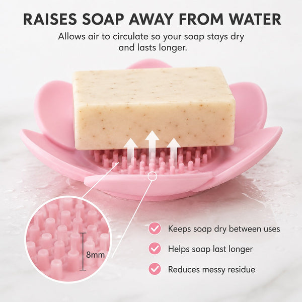 Self-draining floral soap dish showing raised bristles that lift soap away from water