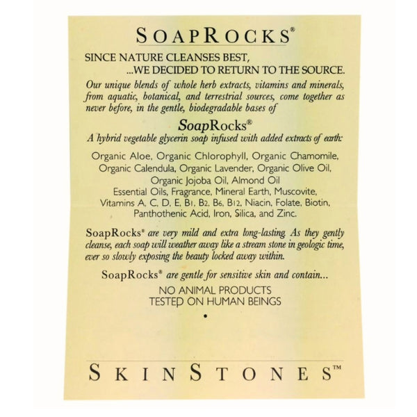 Soap Rocks product description card wtih ingredient list with text on a white background