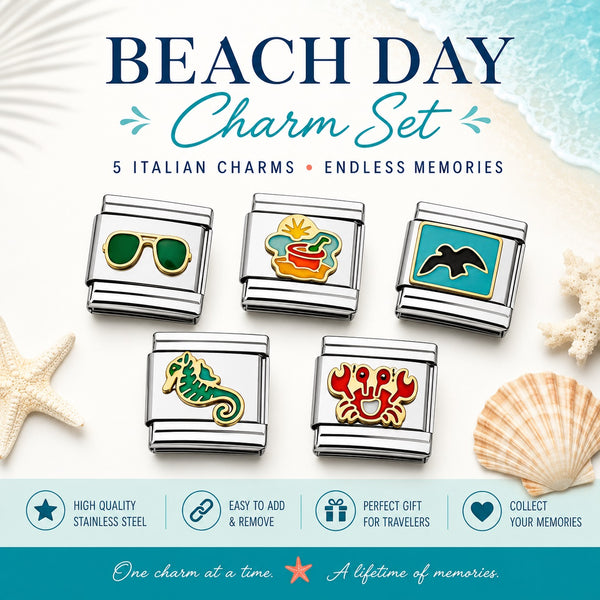 Beach Day Charm Set featuring five stainless steel Italian charm links with colorful sea-themed designs: green sunglasses, a cocktail with a seashell, a black bird on turquoise, a green seahorse, and a red crab. The charms are displayed on a white sandy beach background with starfish and a seashell, under the text 'BEACH DAY Charm Set'.